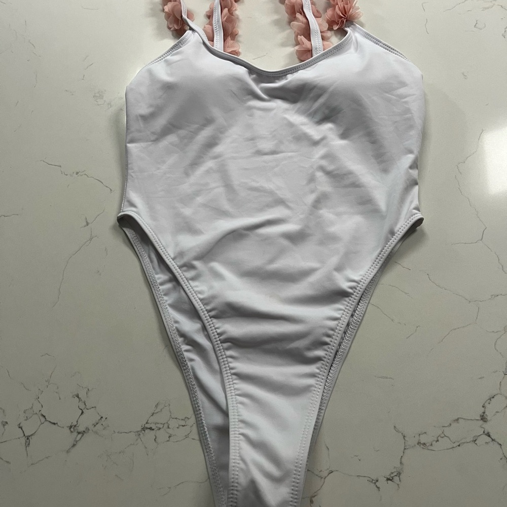 White Floral Strap Women Swim One Piece